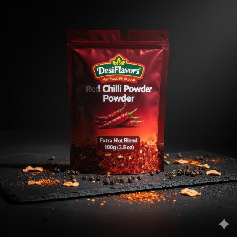 Red chili powder pouch on dark slate with crushed chili