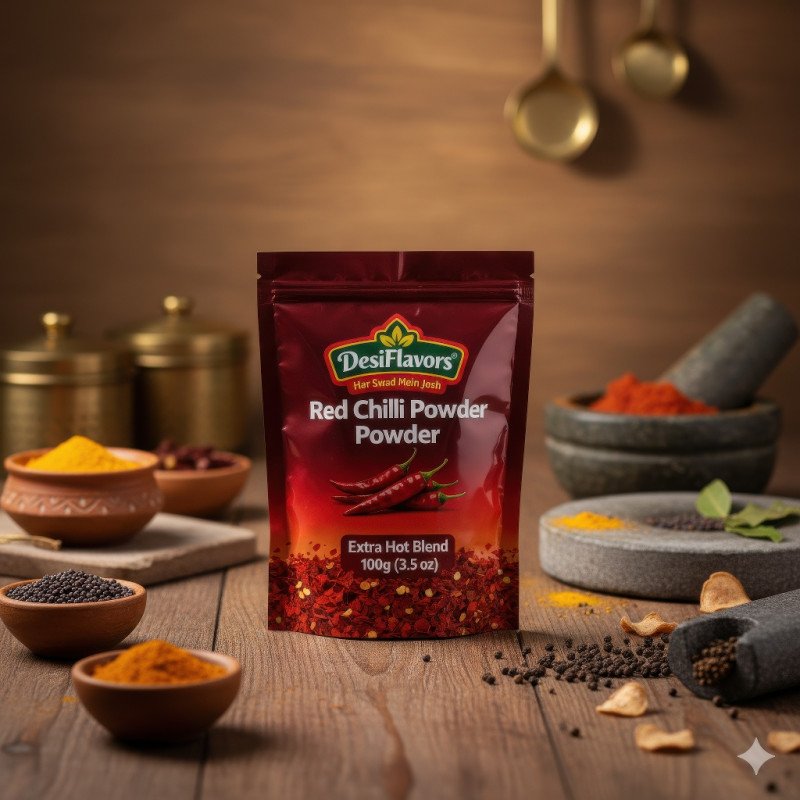 Red chili powder pouch on wooden counter in indian kitchen with clay bowls and stone grinder in warm light