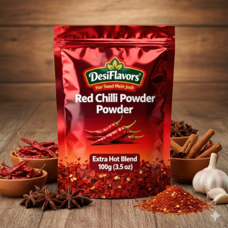 Red chili powder pouch on rustic wooden table with dried chilies