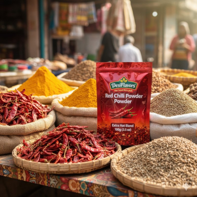 Red chili powder pouch at colorful market stall with chili pods