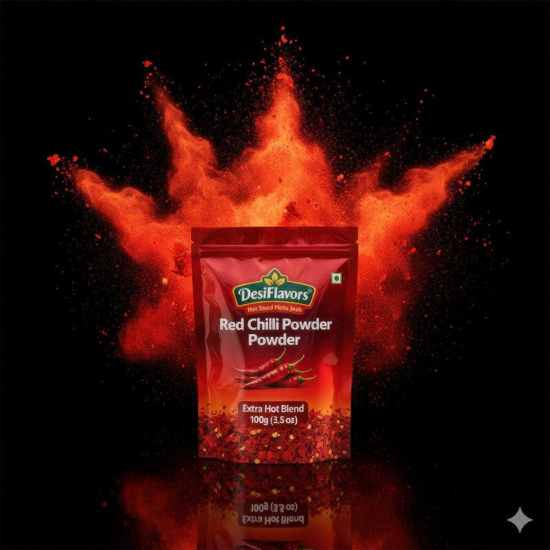 Red chili powder pouch on glossy surface with fiery red and orange smoke in dramatic backlight