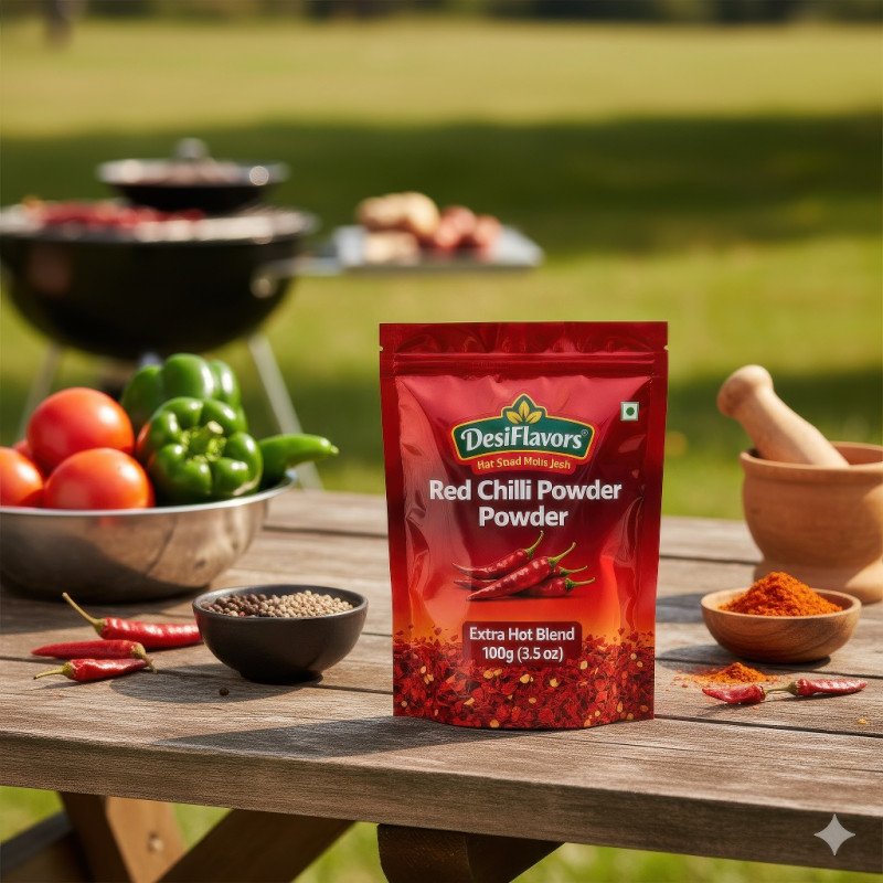 Red chili powder pouch on picnic table near grill with fresh chilies