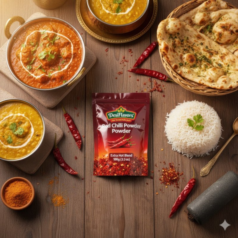 Red chili powder pouch on festive dining table with curries
