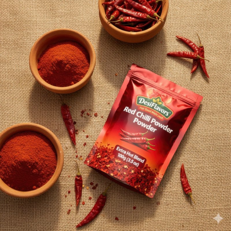 Red chili powder pouch on jute fabric with bowls of chili powder and dried chilies in warm sunlight