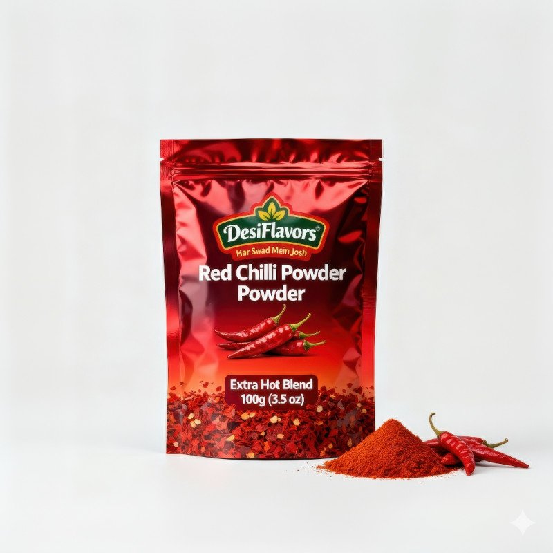 Red chili powder pouch on white background with pile of chili powder and whole dried chilies in soft light