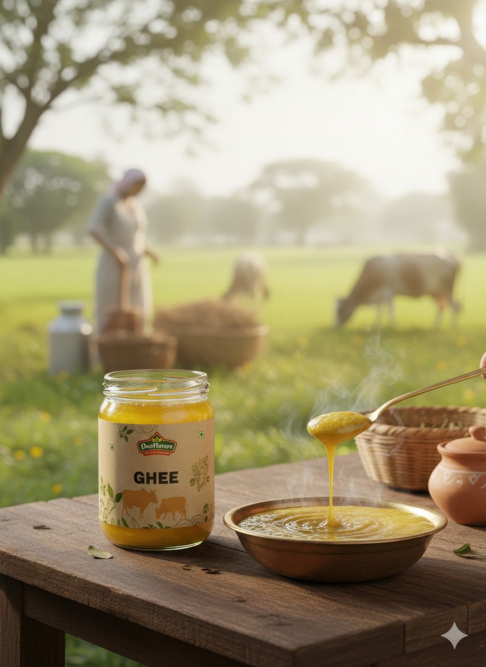 Desi ghee jar on countryside farm with fresh milk