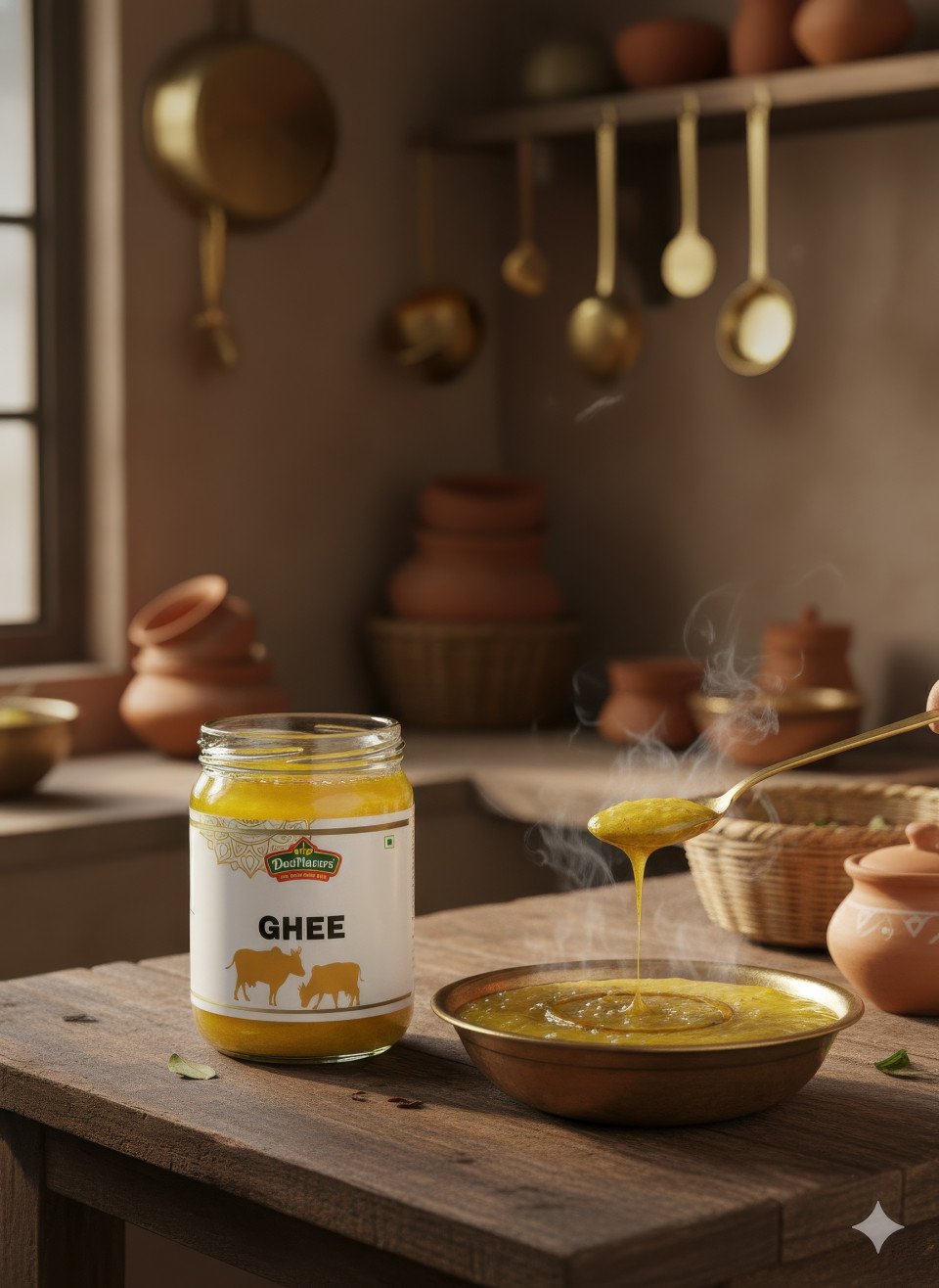 Desi ghee jar in rustic indian kitchen with brass utensils and hot dal in warm golden sunlight