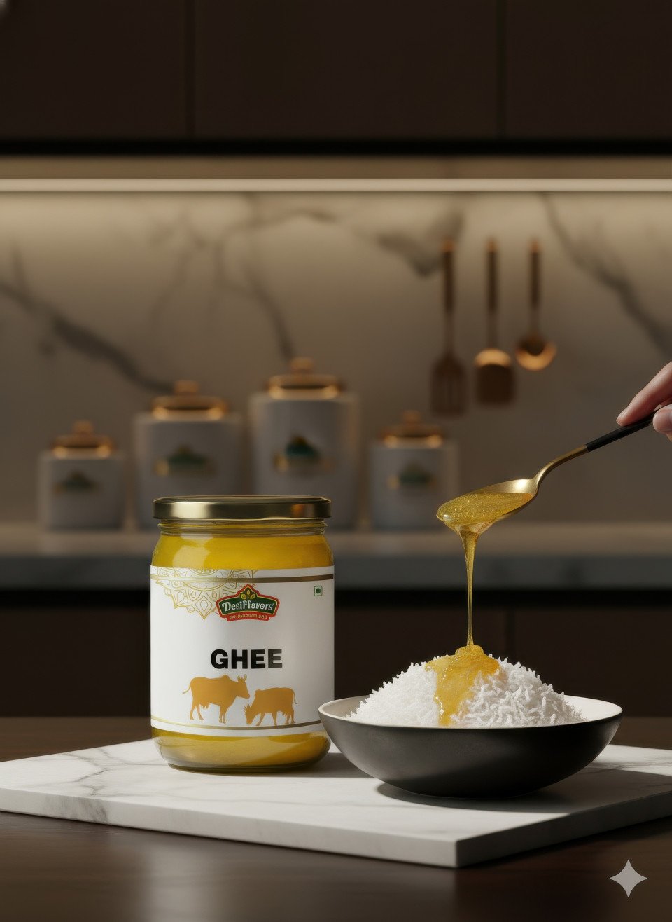 Desi ghee jar in modern gourmet kitchen with marble counter and
