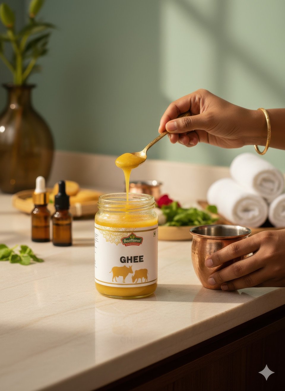 Desi ghee jar in luxury ayurvedic resort with herbs