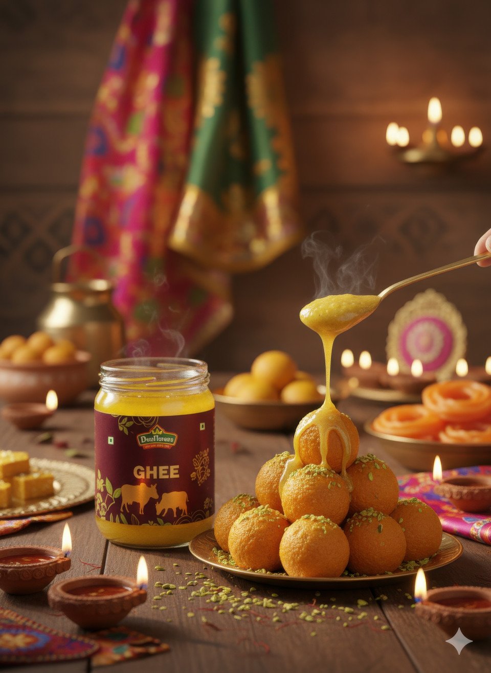 Desi ghee jar in festive kitchen with diyas