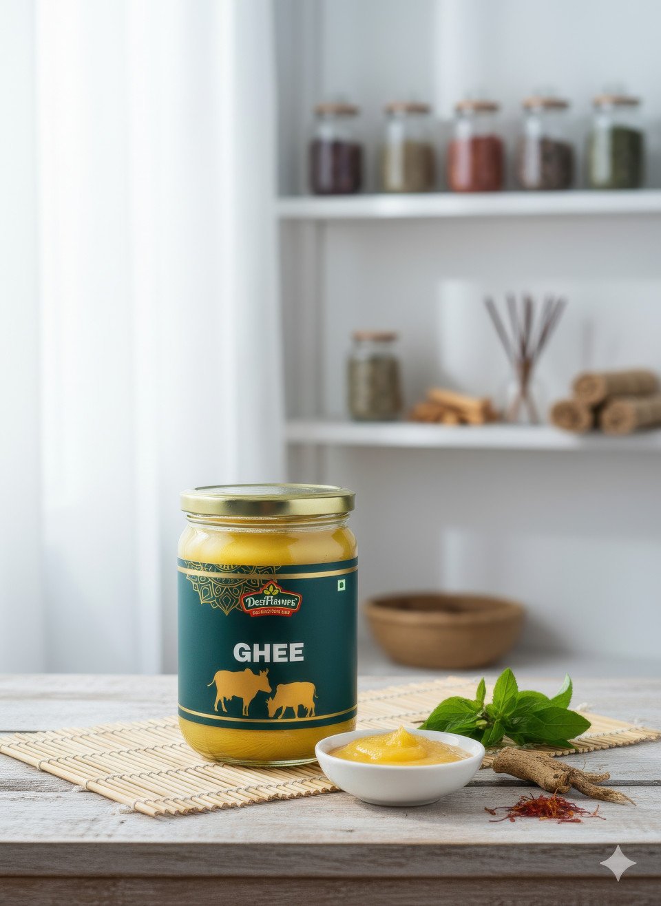 Desi ghee bowl in calm wellness studio with herbs