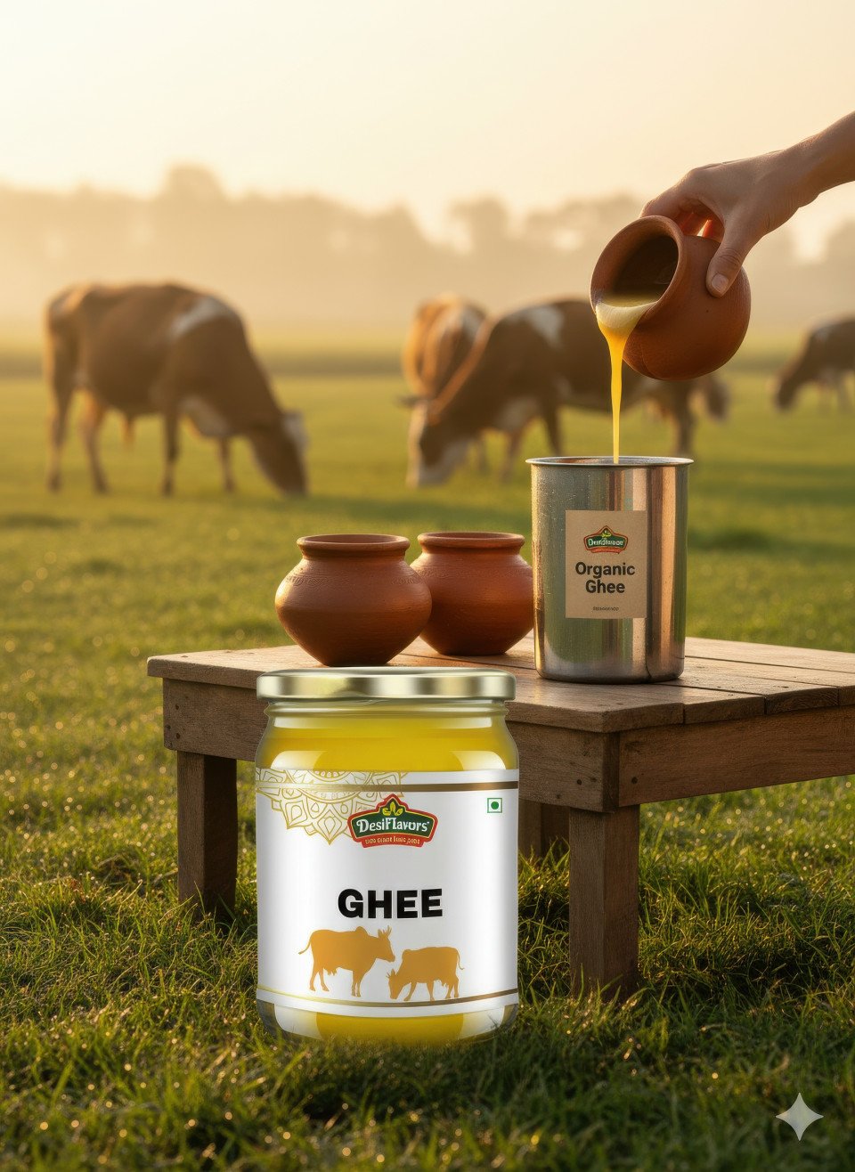 Desi ghee jar on open cow farm at sunrise with cows grazing and