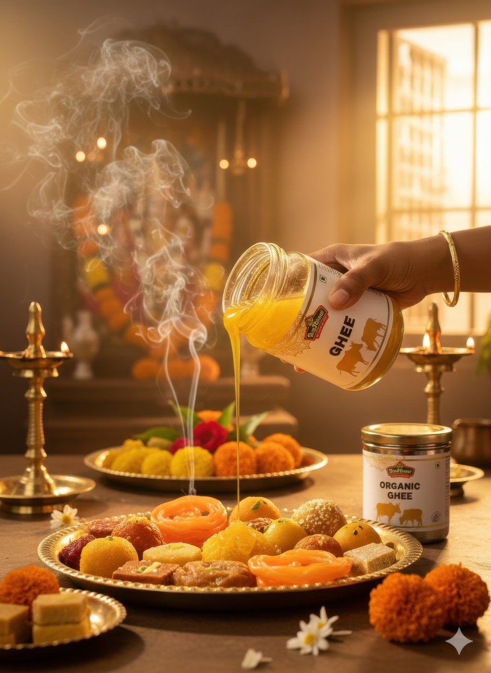 Desi ghee jar in temple prasad setting with brass thalis