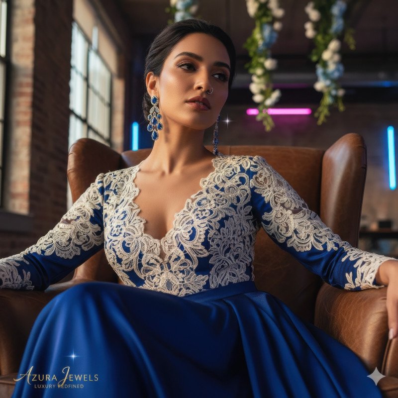 Woman in silk gown with sapphire earrings and nose ring on leather armchair in soft sunset glow