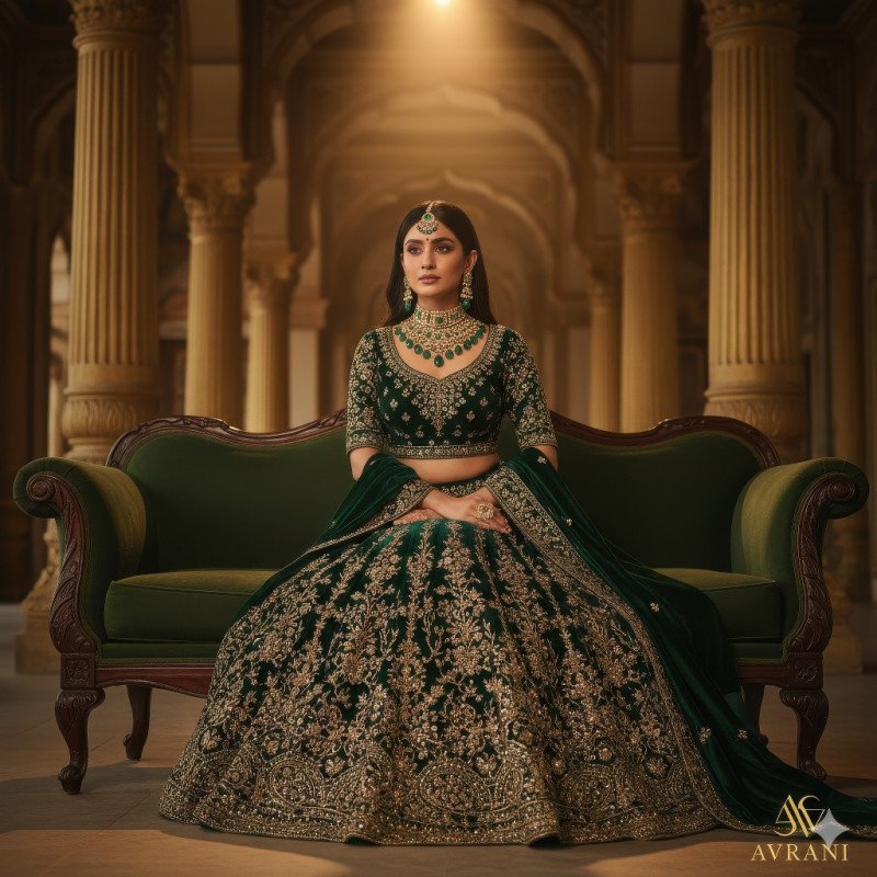 Woman in velvet lehenga with emerald choker and earrings seated on antique couch in golden palace light