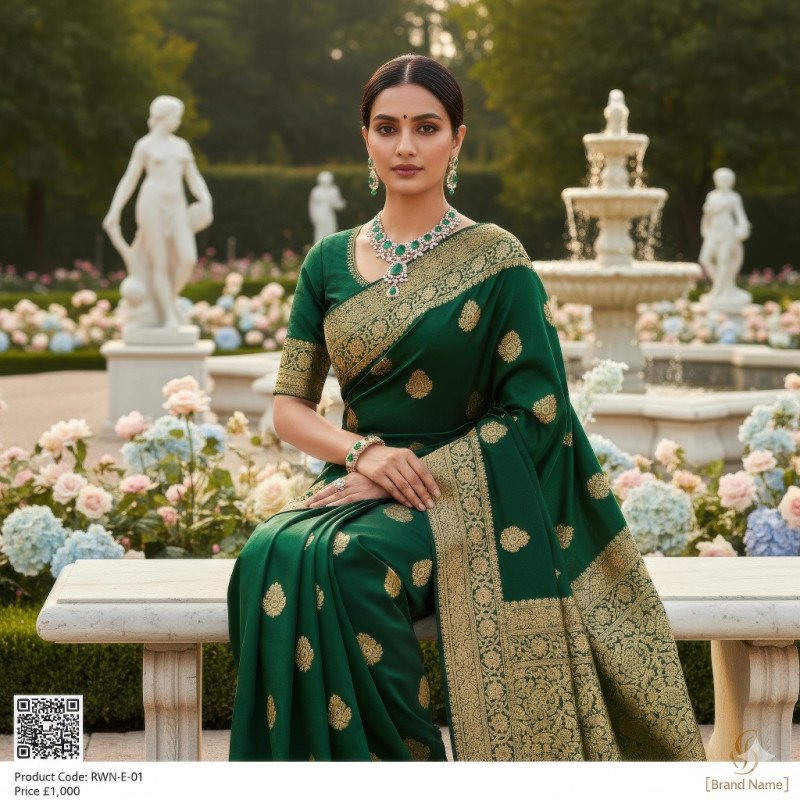 Woman in royal silk saree with emerald necklace and bracelet seated in palace garden with golden light