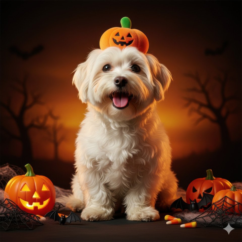 Adorable dog with pumpkin hat surrounded by halloween decor on orange and black background