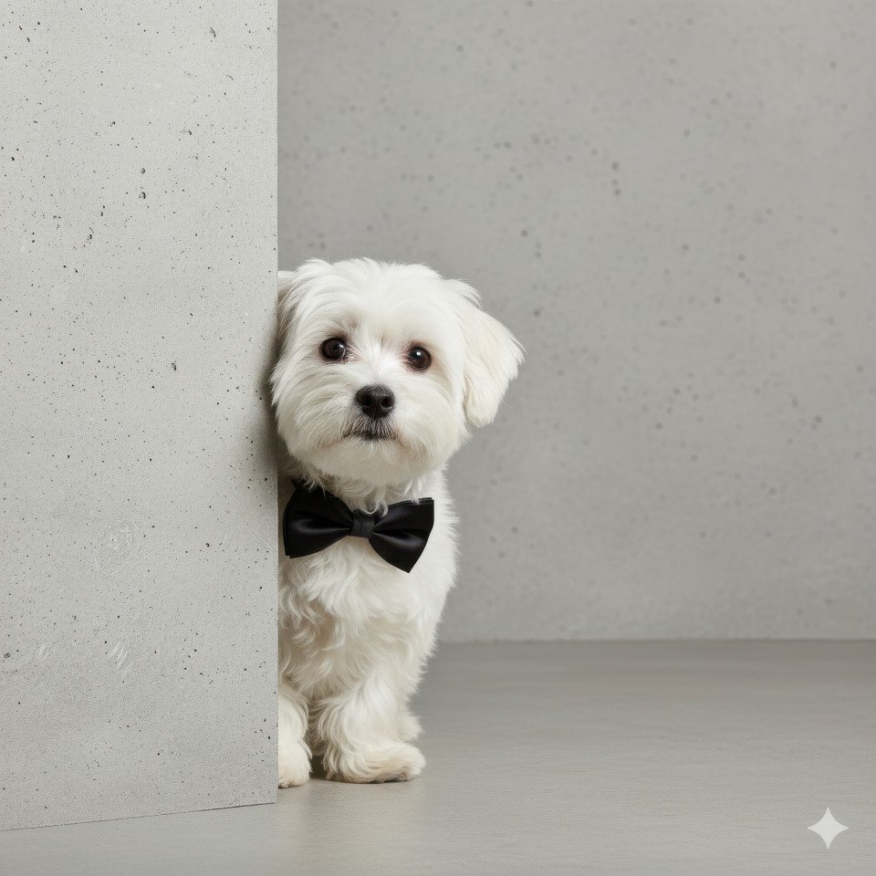 Stylish dog peeking from wall with black bow tie on grey background under bright studio light