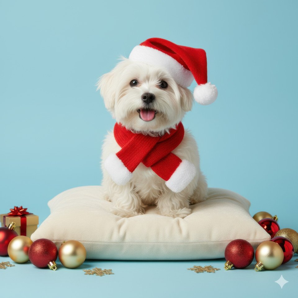 Cute dog in santa hat with red scarf on pastel blue background surrounded by festive ornaments