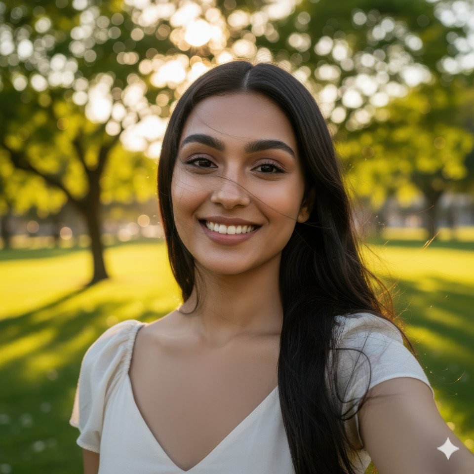 Smiling young woman in green park with warm sunlight