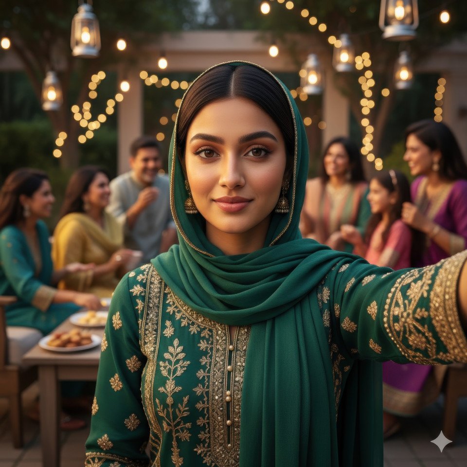 Peaceful woman in elegant outfit with hijab under soft evening lights and family background