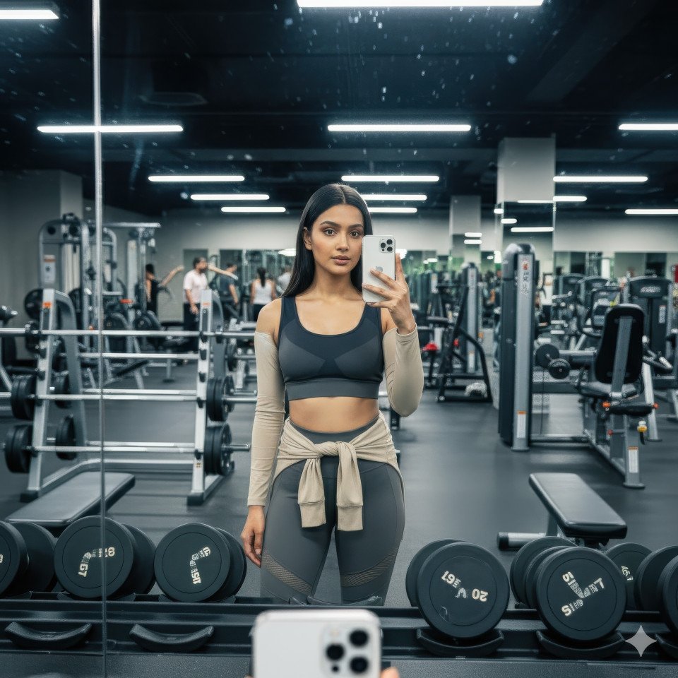 Confident woman in workout clothes taking mirror selfie in gym with natural reflections