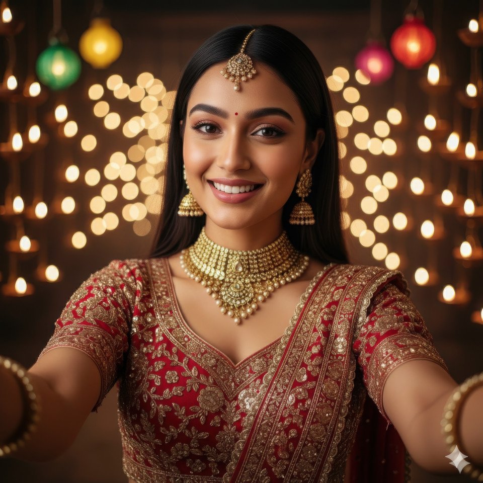Joyful woman in red lehenga surrounded by diyas and warm lights glowing in festive night