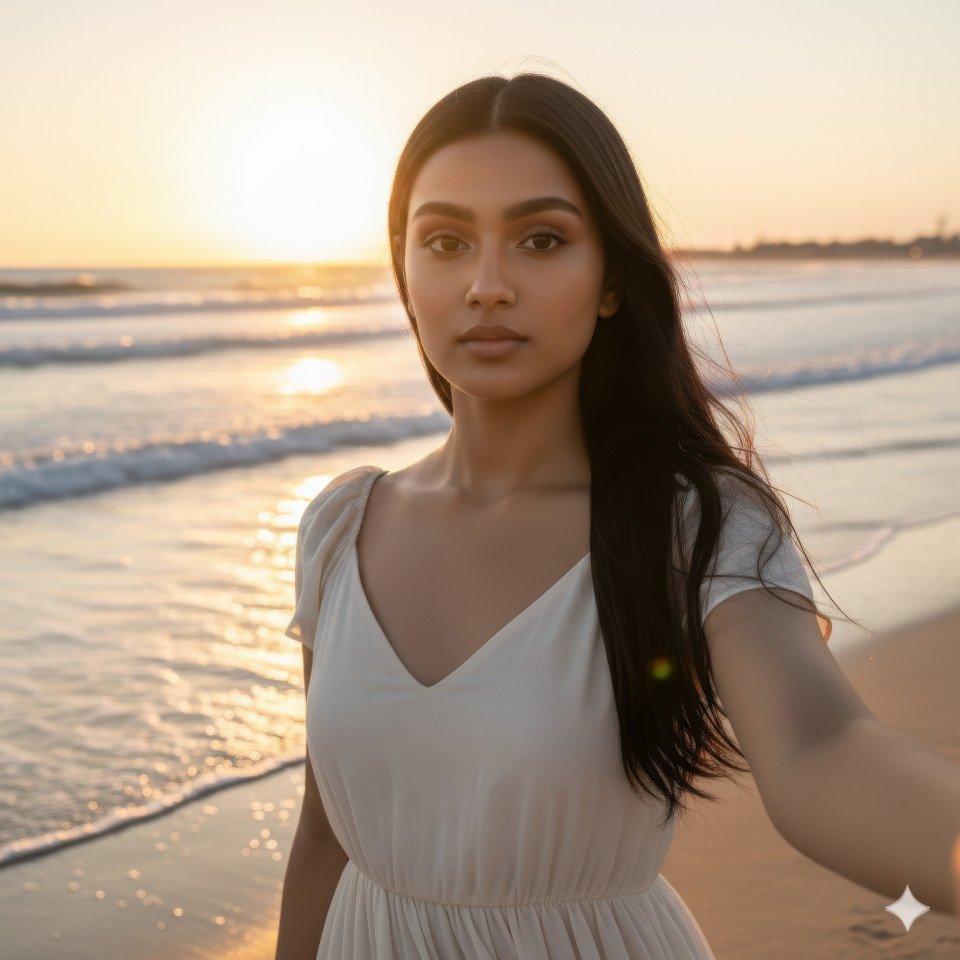 Woman on beach at sunset with warm glow