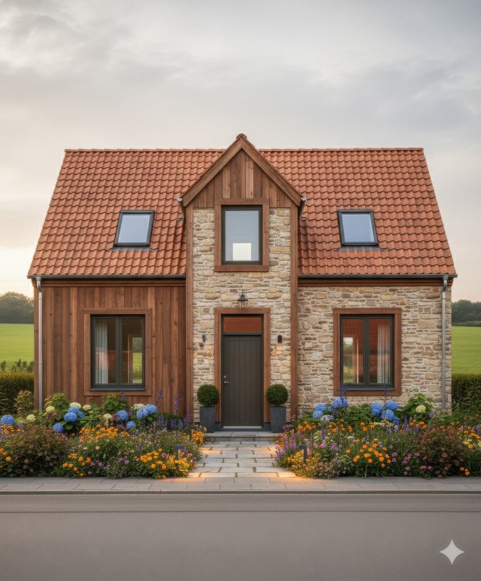 Cozy farmhouse with wood and stone walls