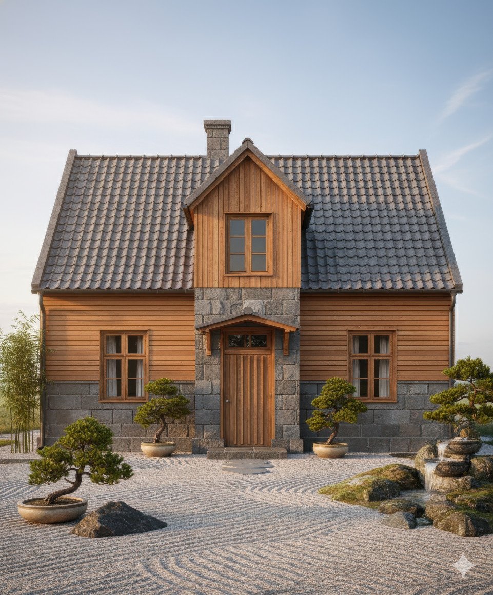 Tranquil japanese home with wood and stone