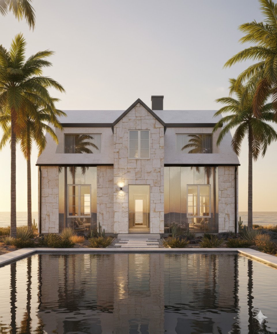 Luxury resort house with stone and glass walls