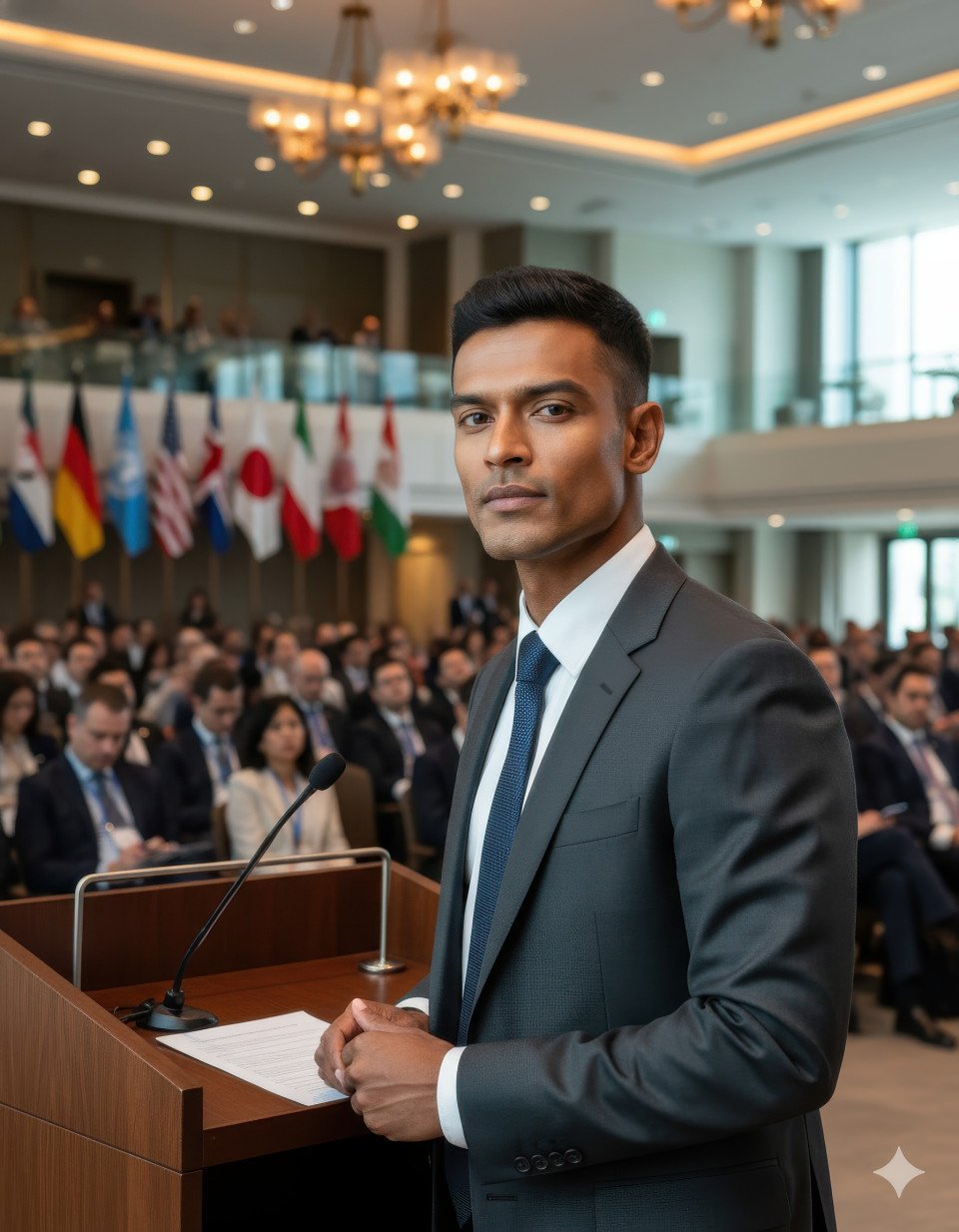 Global leader addressing summit with world flags in background showing diplomacy and confidence