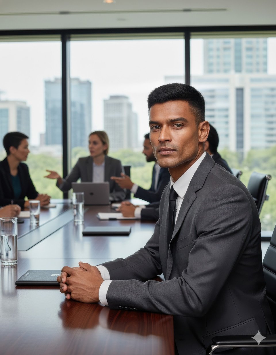 Focused executive in business suit leading meeting in modern glass boardroom with daylight tone
