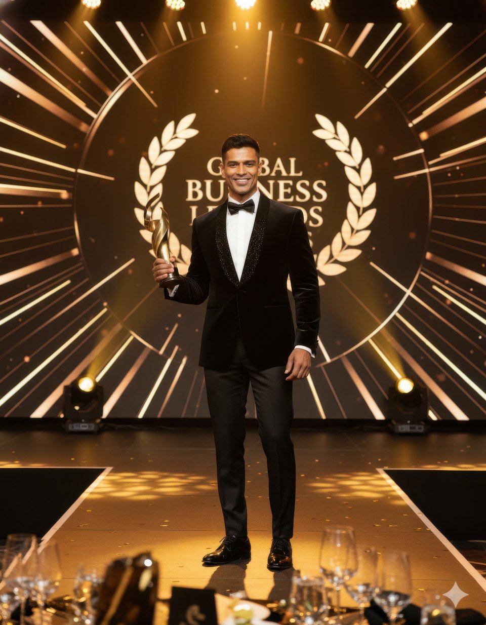 Business professional on stage at awards gala under golden lights celebrating leadership success