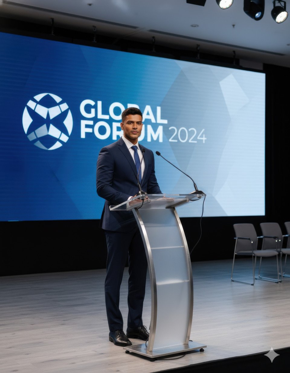 Business leader speaking on stage at corporate event with company logo