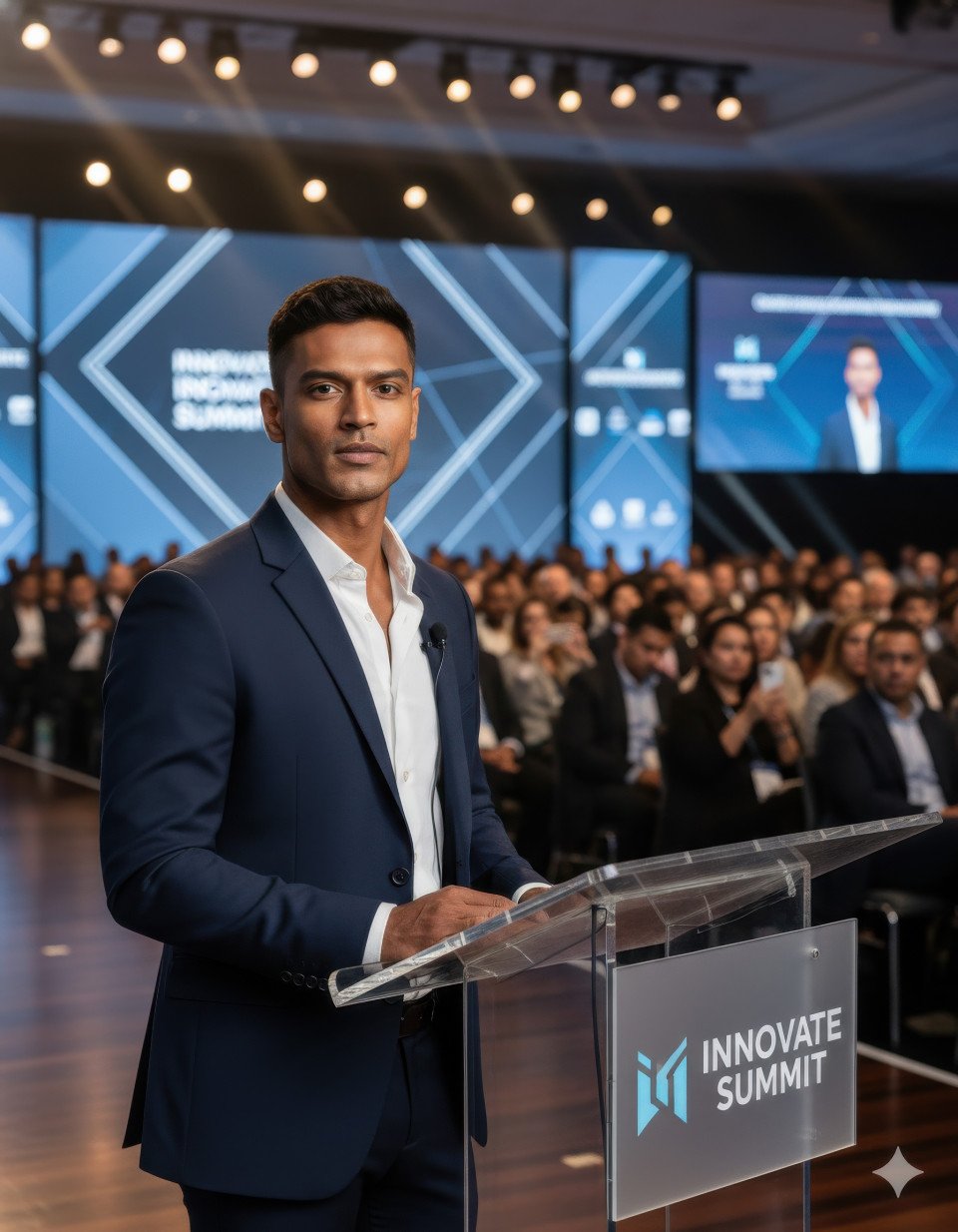 Confident speaker giving keynote at business conference with audience and bright led screens