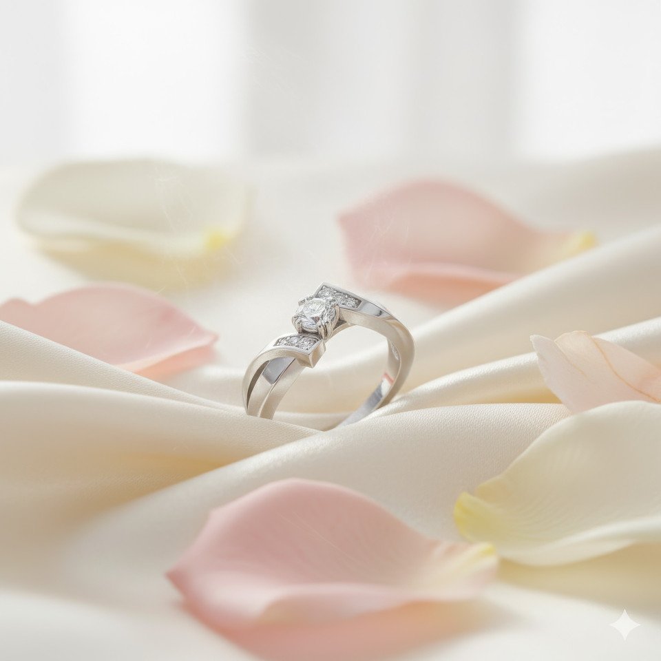 Platinum diamond engagement ring on ivory silk with rose petals