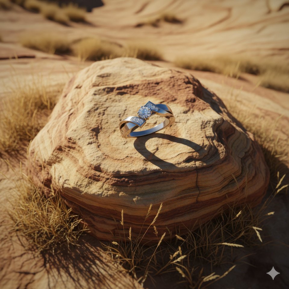 Platinum diamond engagement ring on sandstone rock in desert