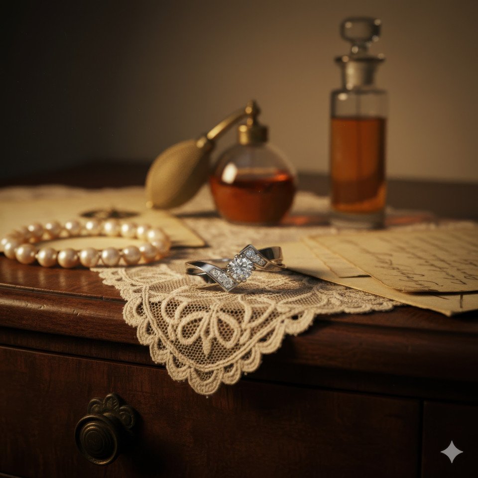 Platinum diamond engagement ring on lace cloth with pearls