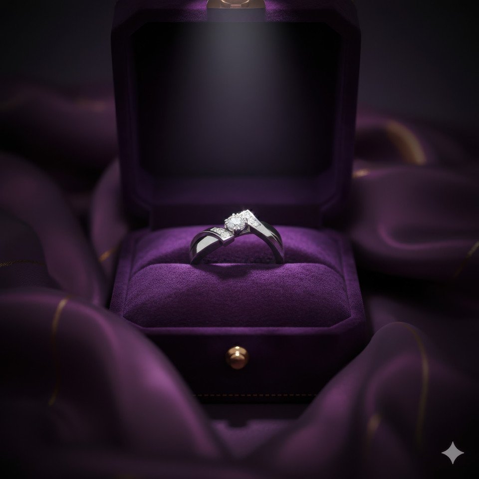Platinum diamond engagement ring on velvet cushion