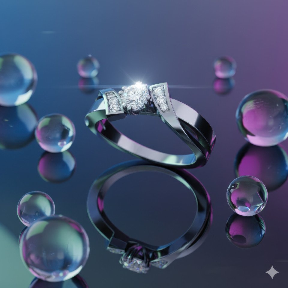 Platinum diamond engagement ring on mirror with glass spheres