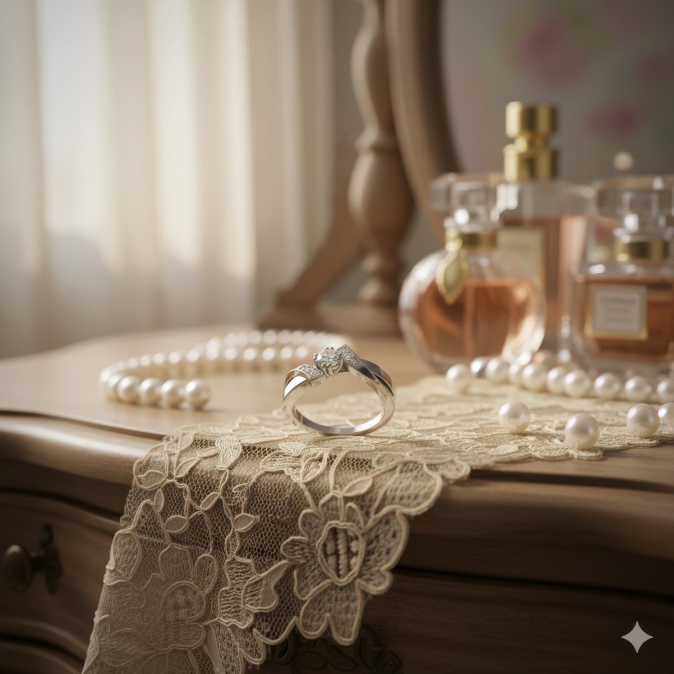 Platinum diamond engagement ring on lace fabric with perfume bottles