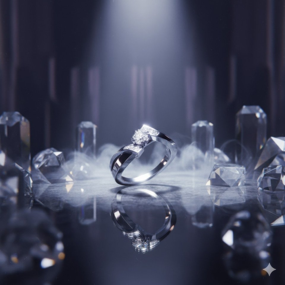 Platinum diamond engagement ring on crystal mirror with glass prisms