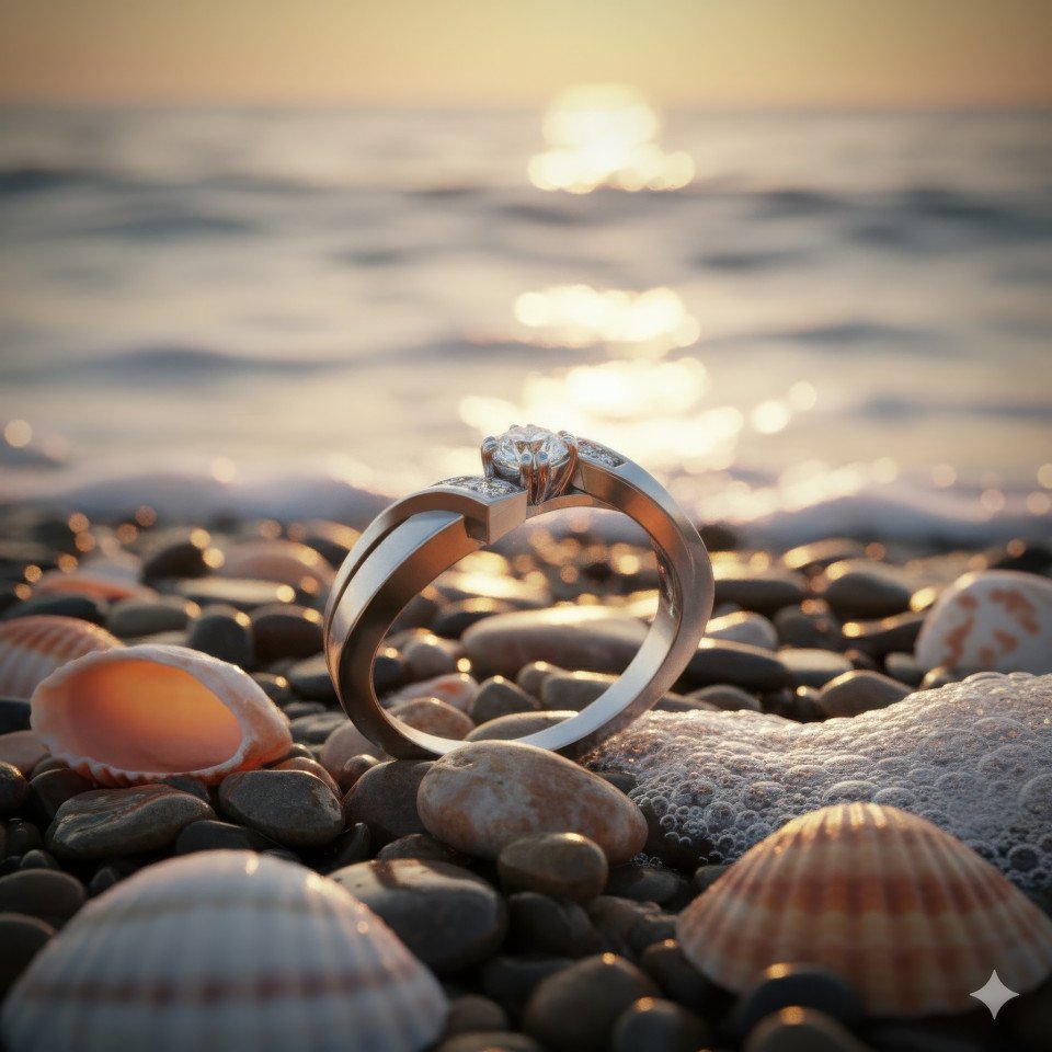 Platinum diamond engagement ring on pebbles at ocean shoreline