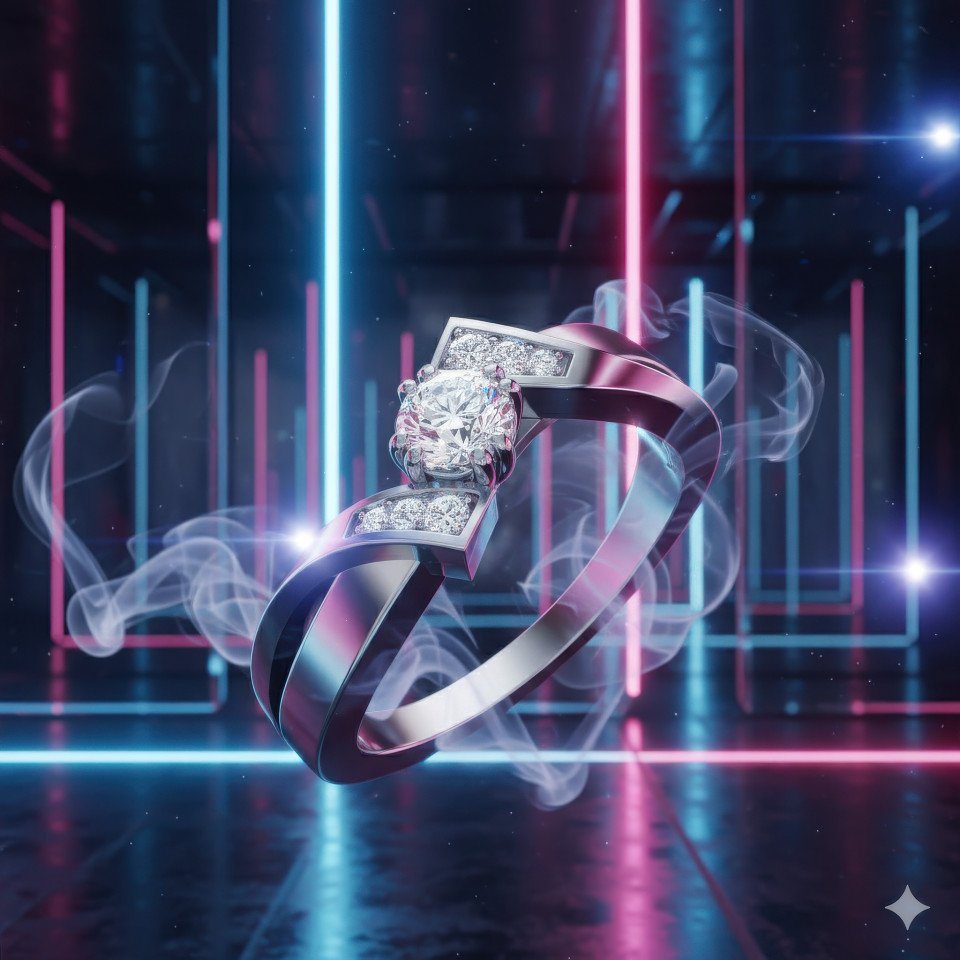 Platinum diamond engagement ring in neon studio with holographic reflections