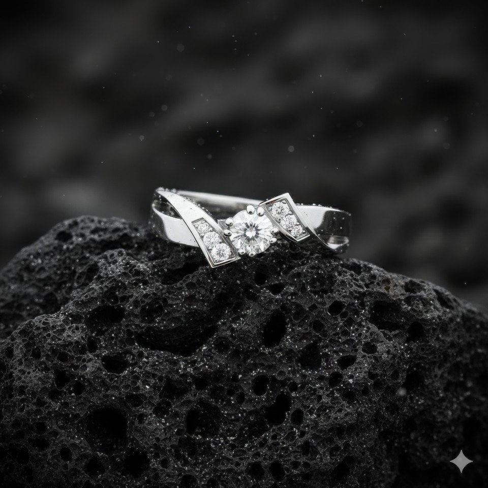 Platinum diamond engagement ring on volcanic rock in mountain setting