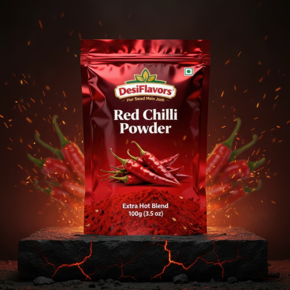 Hot and bold red chilli powder product ads shoot prompt for google gemini on charred metal base with fiery glow