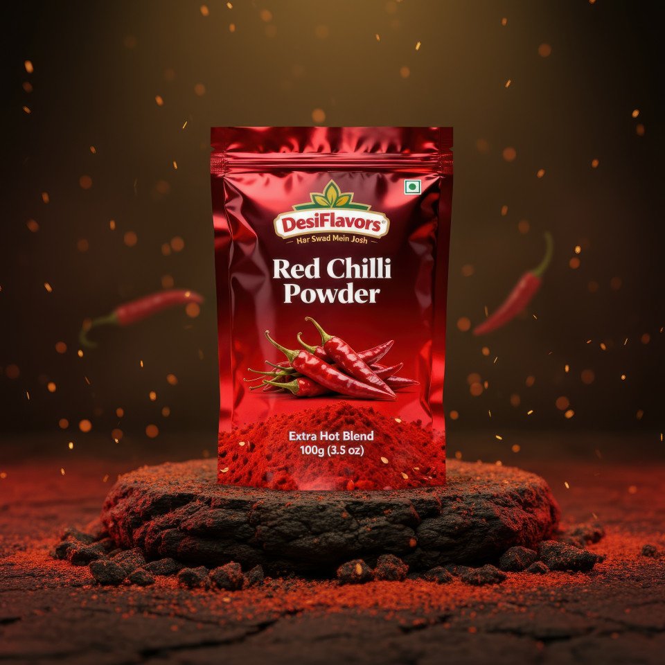 Hot and bold red chilli powder product ads shoot prompt for google gemini on lava stone with ember sparks