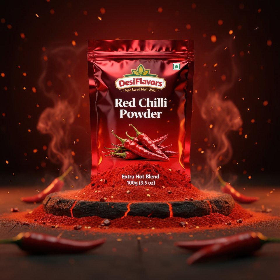 Hot and bold red chilli powder product ads shoot prompt for google gemini on coal base with glowing fiery energy