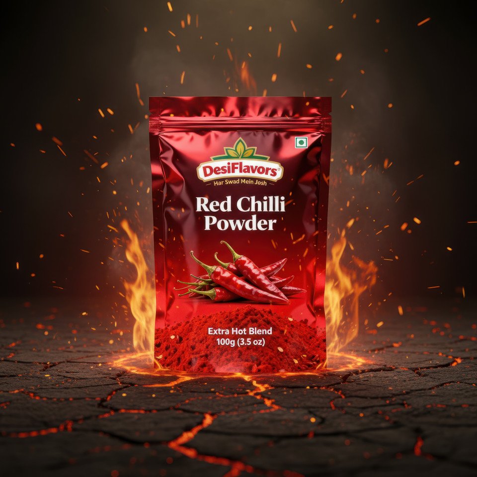 Hot and bold red chilli powder product ads shoot prompt for google gemini with fiery molten tones and sparks